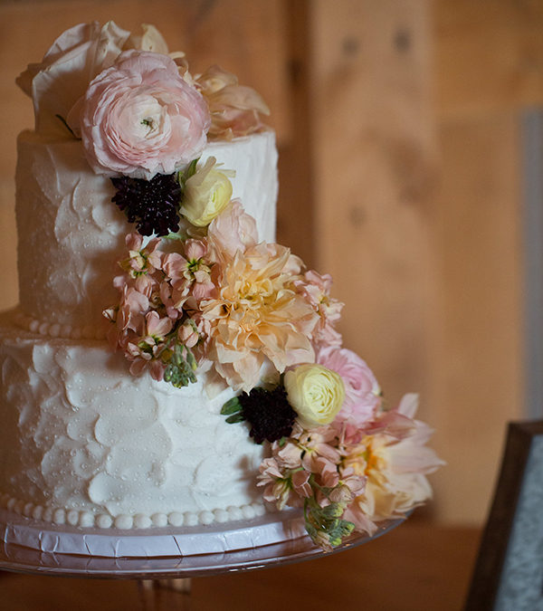 White Rustic Two Tiered Pink Coral Floral Wedding Cake